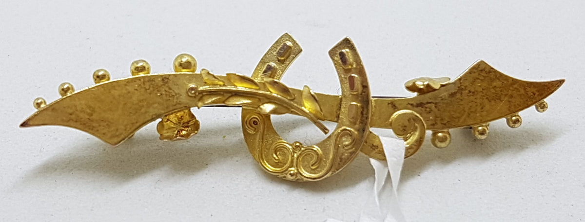 15ct Yellow Gold Ornate Horseshoe Antique Bar Brooch - Equestrian