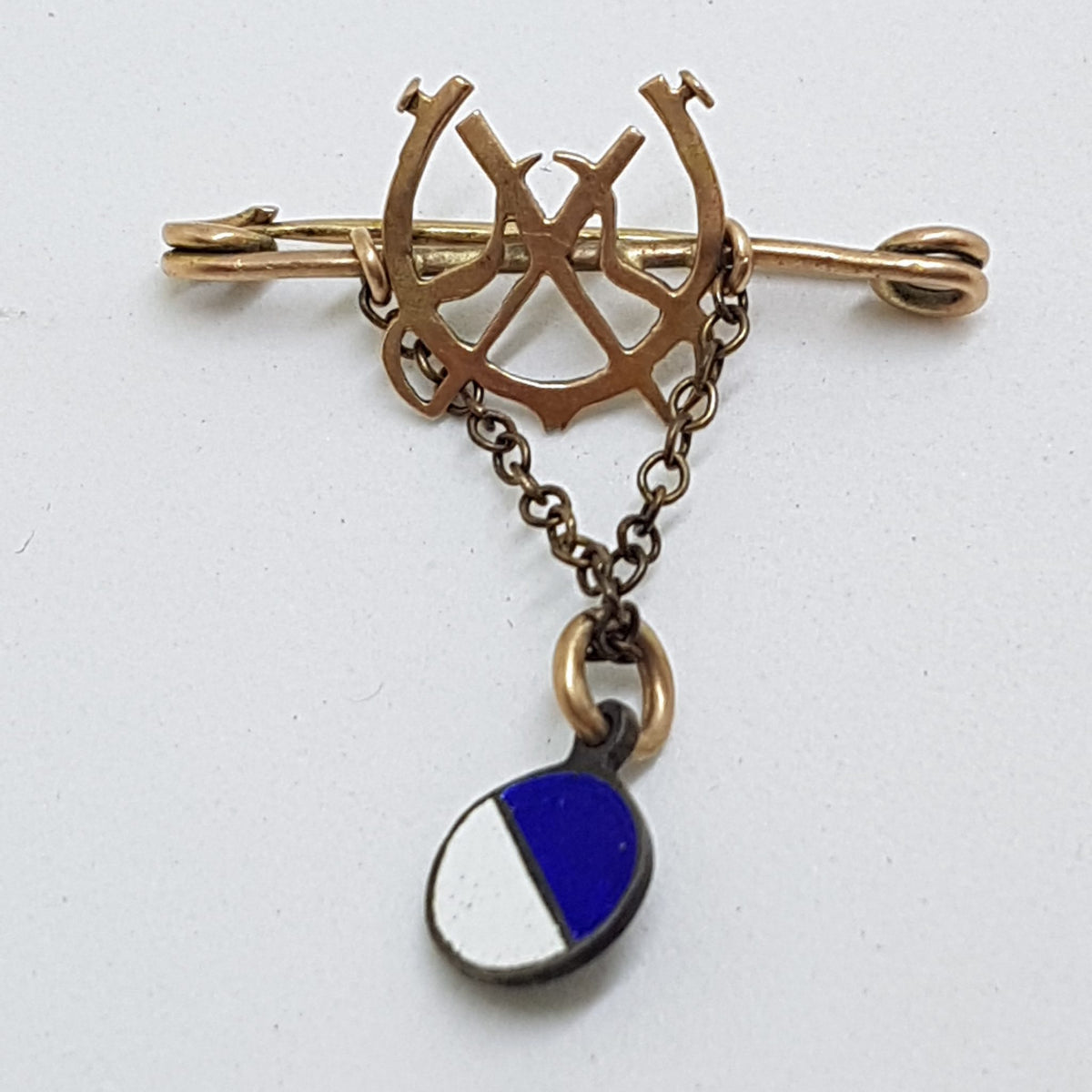 9ct Rose Gold Ornate Horseshoe on Bar Brooch with Blue &amp; White Enamel Drop