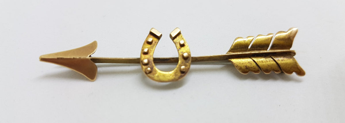 15ct Yellow Gold Horseshoe on Arrow Bar Brooch - Equestrian - Antique