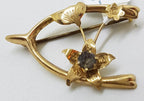 9ct Yellow Gold with Brown Stone - Flower in Wishbone Brooch - Antique