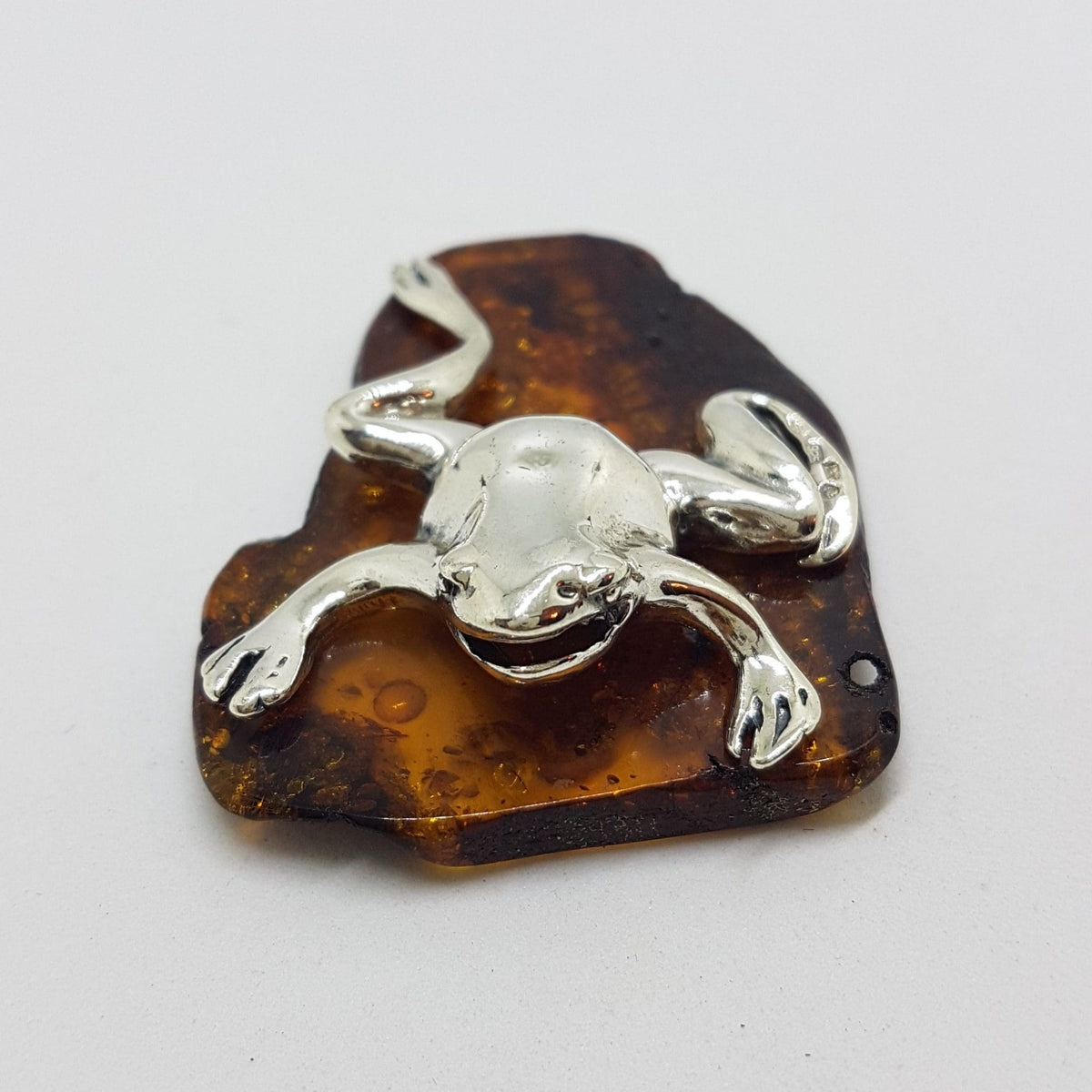 Frog - Solid Sterling Silver Natural Baltic Amber Animal Figurine / Statue / Sculpture