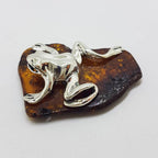 Frog - Solid Sterling Silver Natural Baltic Amber Animal Figurine / Statue / Sculpture