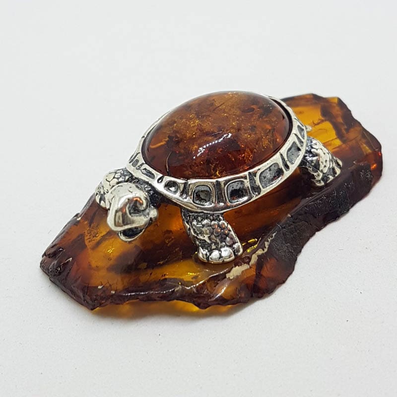 Turtle / Tortoise - Solid Sterling Silver Natural Baltic Amber Animal Figurine / Statue / Sculpture