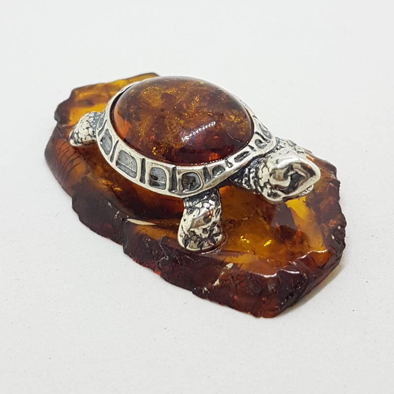 Turtle / Tortoise - Solid Sterling Silver Natural Baltic Amber Animal Figurine / Statue / Sculpture