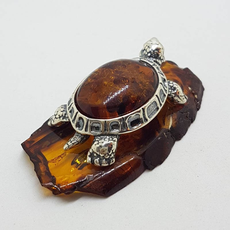 Turtle / Tortoise - Solid Sterling Silver Natural Baltic Amber Animal Figurine / Statue / Sculpture