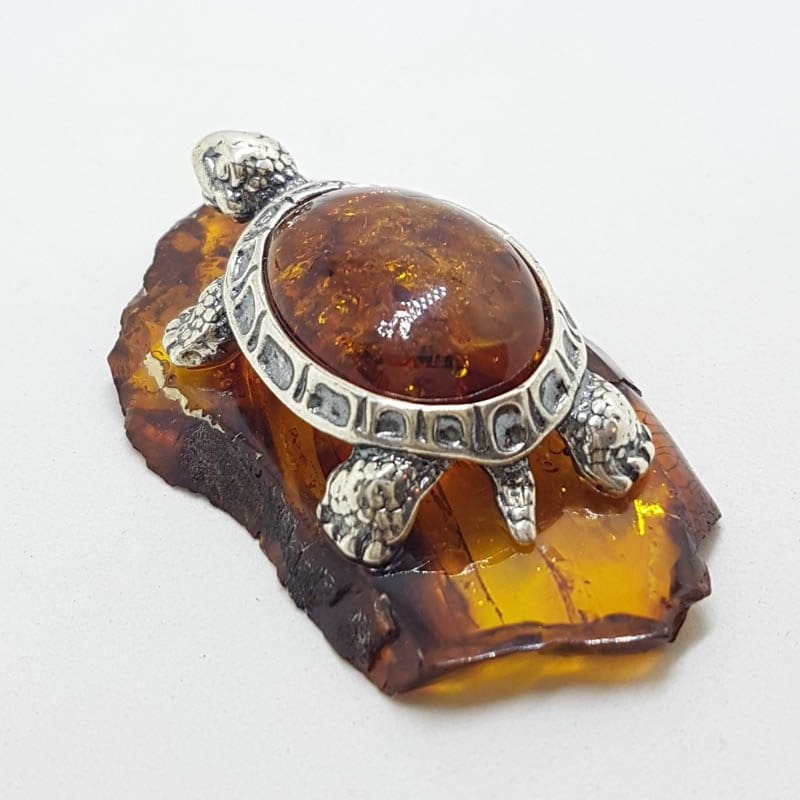 Turtle / Tortoise - Solid Sterling Silver Natural Baltic Amber Animal Figurine / Statue / Sculpture