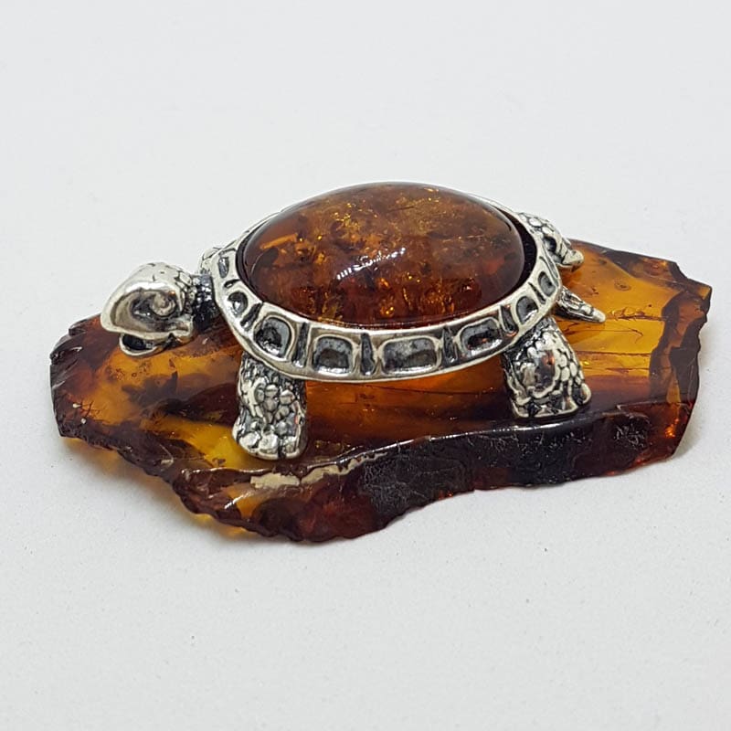 Turtle / Tortoise - Solid Sterling Silver Natural Baltic Amber Animal Figurine / Statue / Sculpture