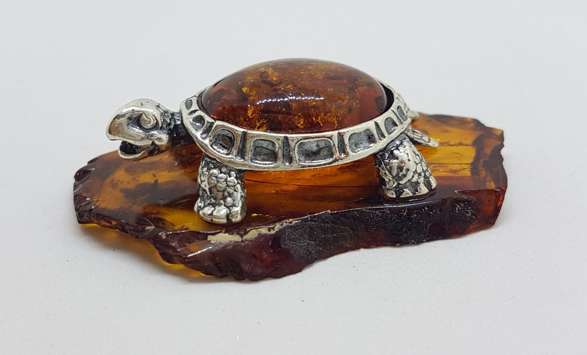 Turtle / Tortoise - Solid Sterling Silver Natural Baltic Amber Animal Figurine / Statue / Sculpture