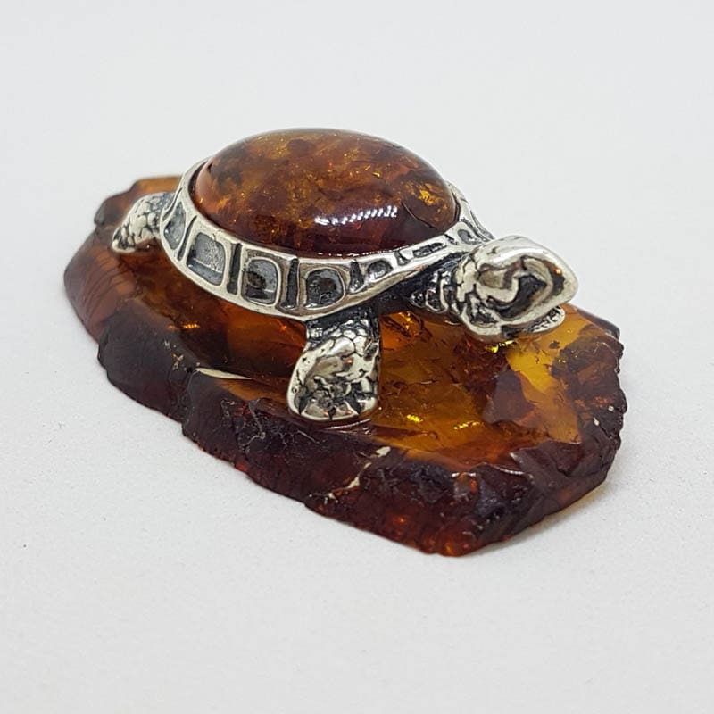Turtle / Tortoise - Solid Sterling Silver Natural Baltic Amber Animal Figurine / Statue / Sculpture