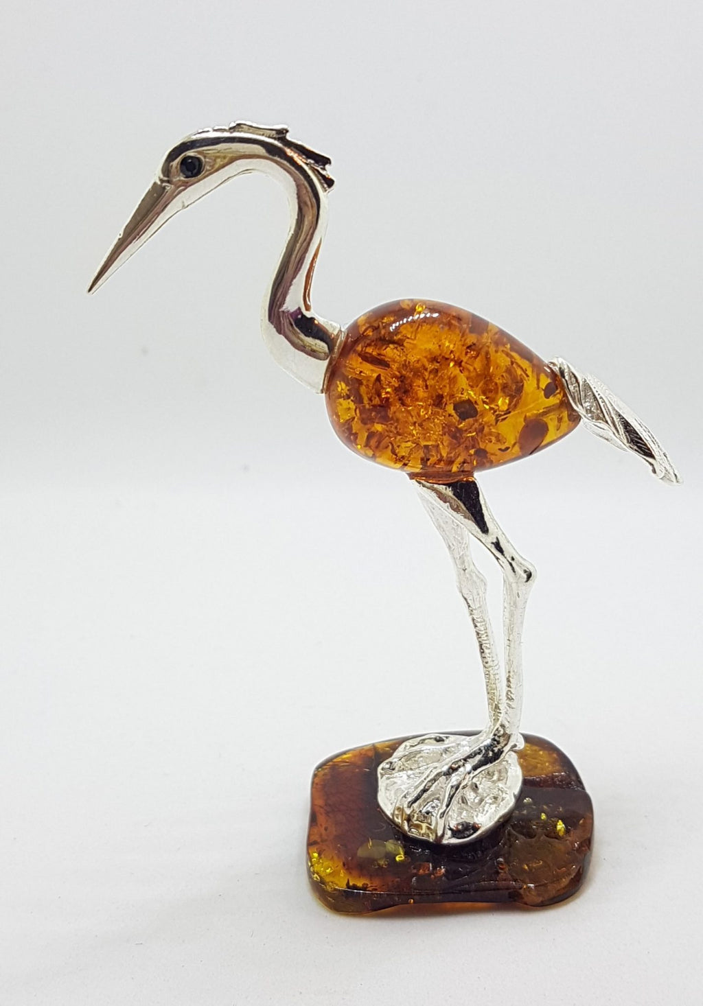 Tall Crane / Heron / Egret / Bird - Solid Sterling Silver Natural Baltic Amber Animal Figurine / Statue / Sculpture