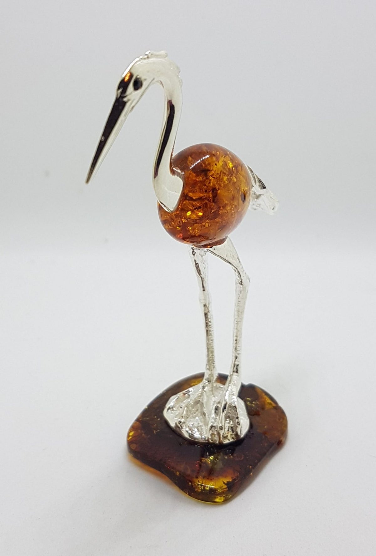 Tall Crane / Heron / Egret / Bird - Solid Sterling Silver Natural Baltic Amber Animal Figurine / Statue / Sculpture