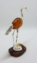 Tall Crane / Heron / Egret / Bird - Solid Sterling Silver Natural Baltic Amber Animal Figurine / Statue / Sculpture