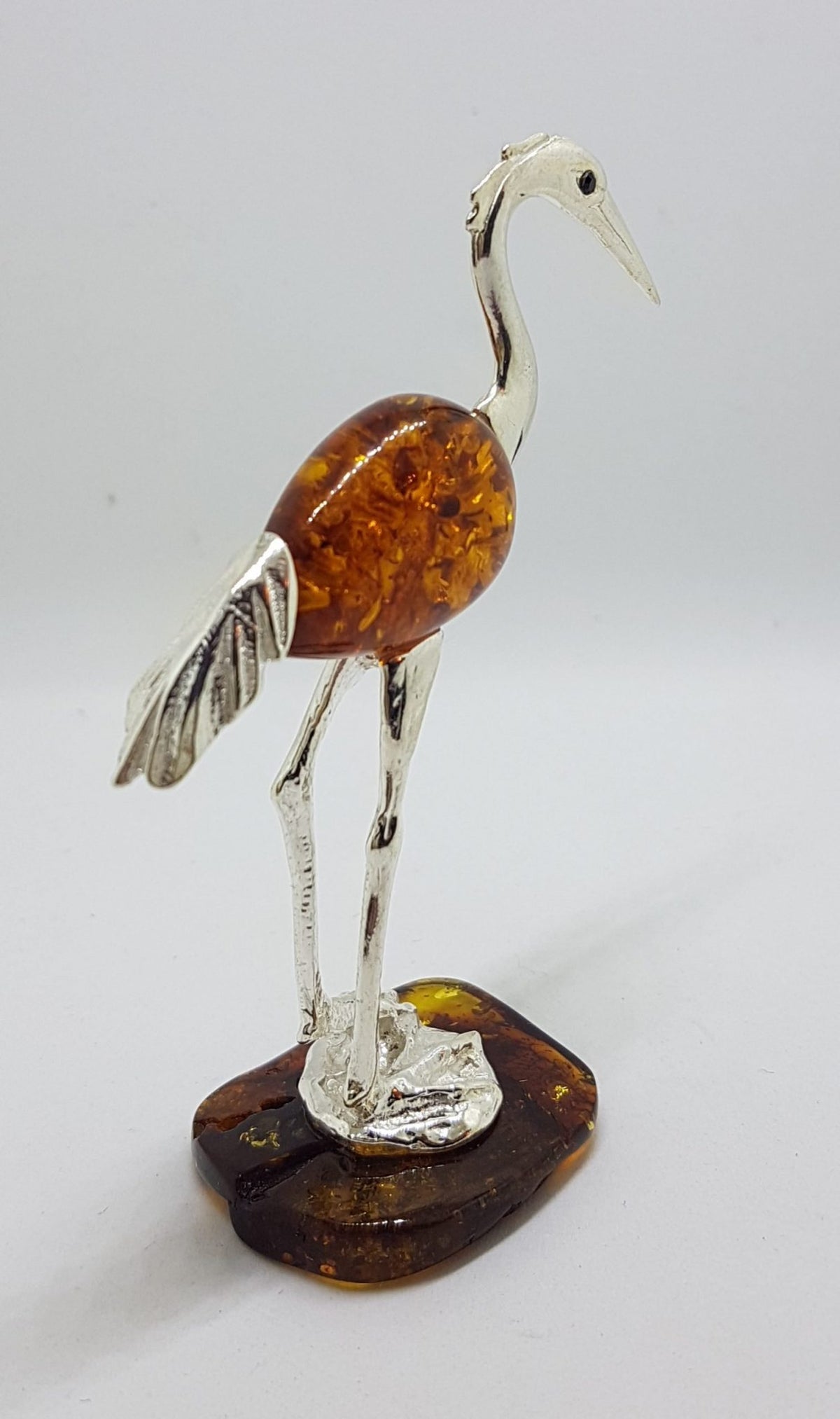 Tall Crane / Heron / Egret / Bird - Solid Sterling Silver Natural Baltic Amber Animal Figurine / Statue / Sculpture