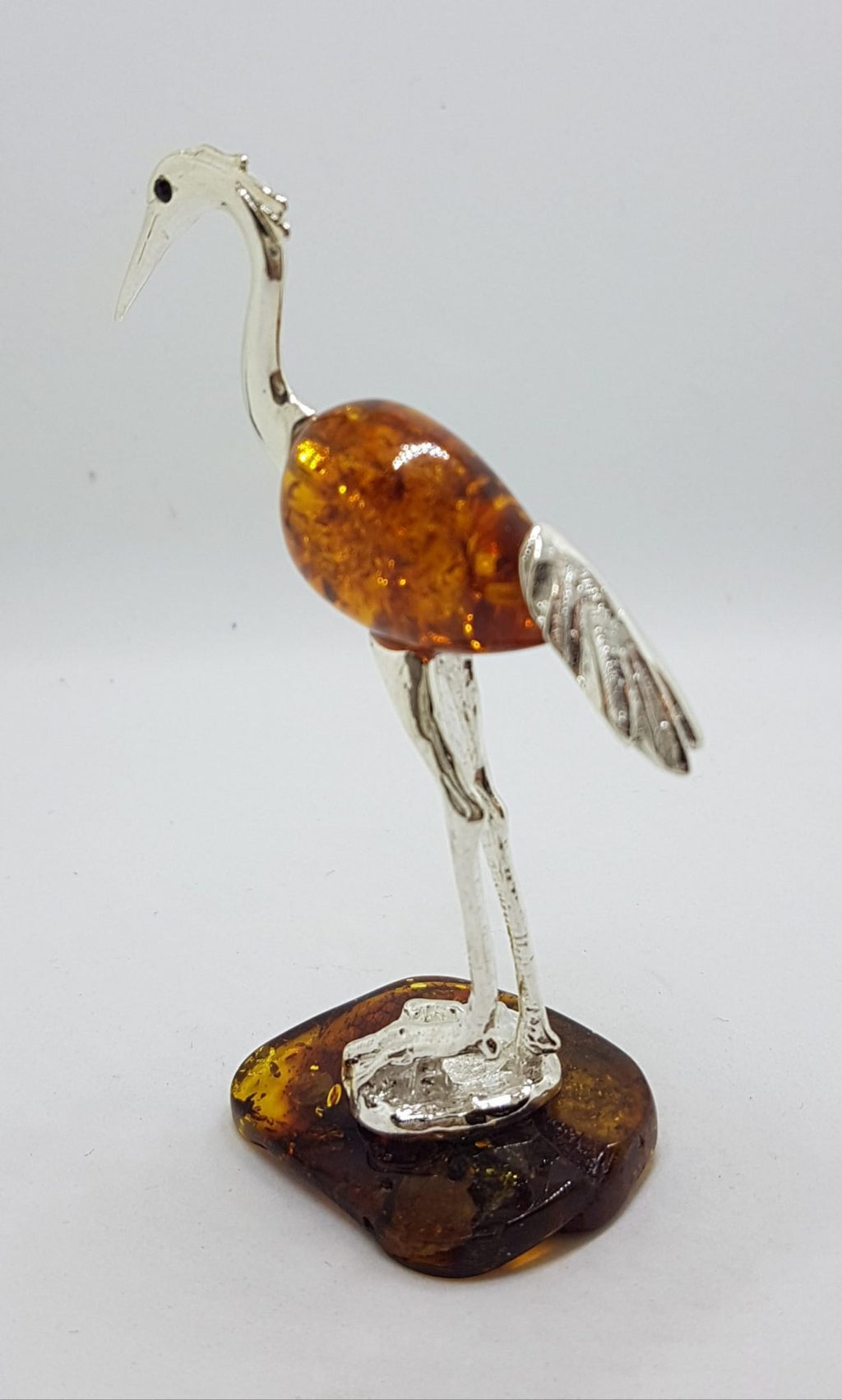 Tall Crane / Heron / Egret / Bird - Solid Sterling Silver Natural Baltic Amber Animal Figurine / Statue / Sculpture