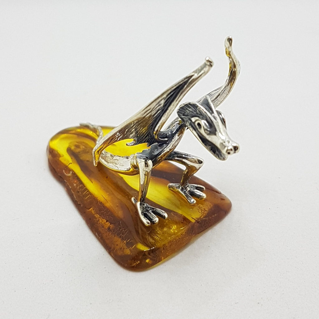 Mythical Dragon - Solid Sterling Silver Natural Baltic Amber Animal Figurine / Statue / Sculpture