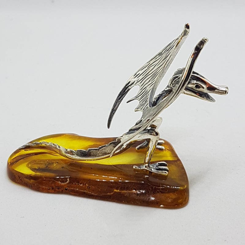 Mythical Dragon - Solid Sterling Silver Natural Baltic Amber Animal Figurine / Statue / Sculpture