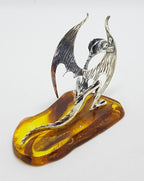 Mythical Dragon - Solid Sterling Silver Natural Baltic Amber Animal Figurine / Statue / Sculpture