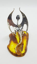 Mythical Dragon - Solid Sterling Silver Natural Baltic Amber Animal Figurine / Statue / Sculpture