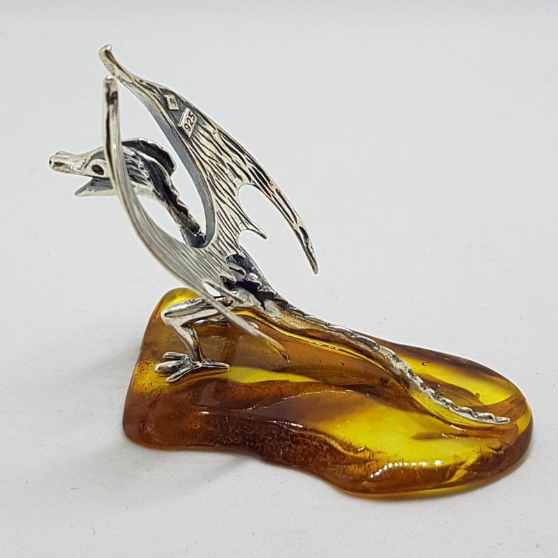 Mythical Dragon - Solid Sterling Silver Natural Baltic Amber Animal Figurine / Statue / Sculpture