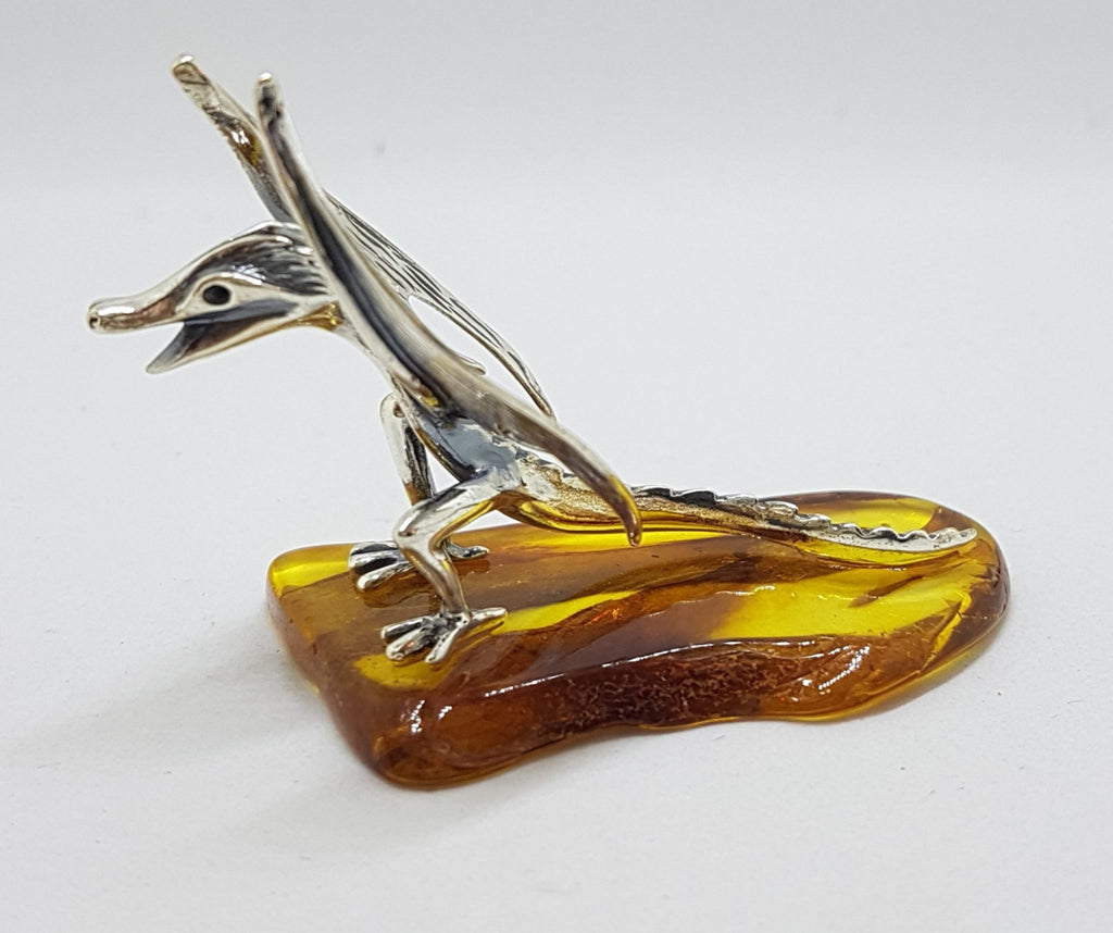 Mythical Dragon - Solid Sterling Silver Natural Baltic Amber Animal Figurine / Statue / Sculpture