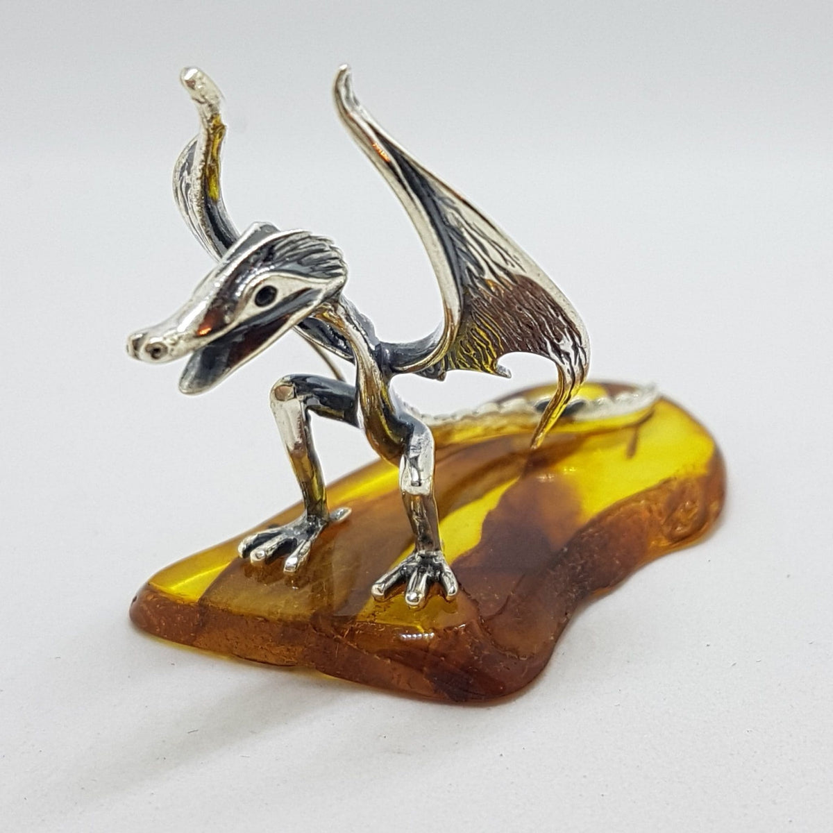 Mythical Dragon - Solid Sterling Silver Natural Baltic Amber Animal Figurine / Statue / Sculpture