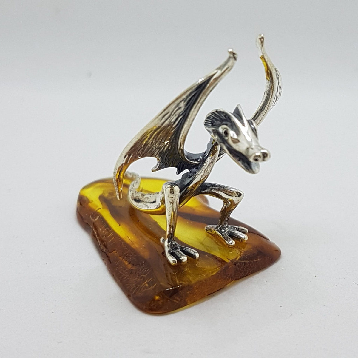 Mythical Dragon - Solid Sterling Silver Natural Baltic Amber Animal Figurine / Statue / Sculpture