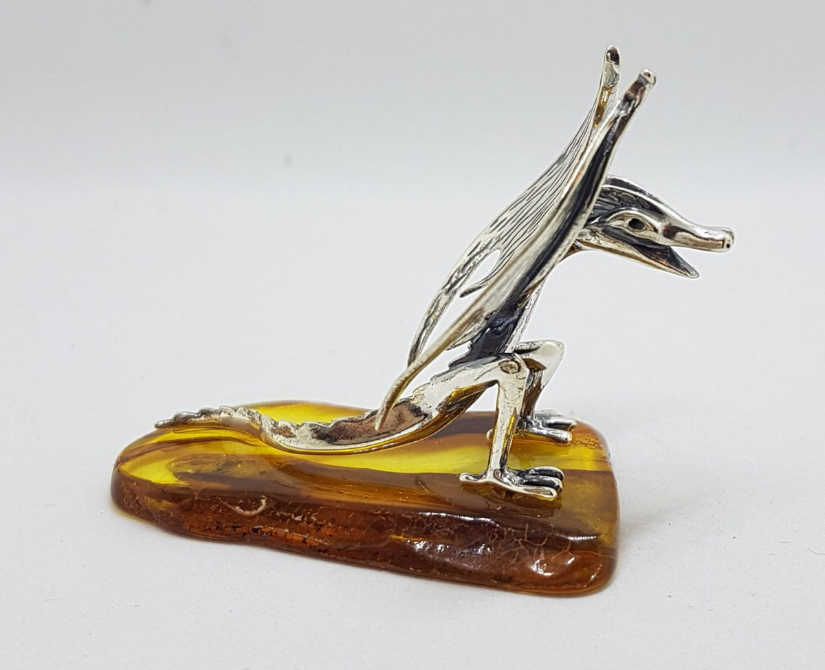Mythical Dragon - Solid Sterling Silver Natural Baltic Amber Animal Figurine / Statue / Sculpture