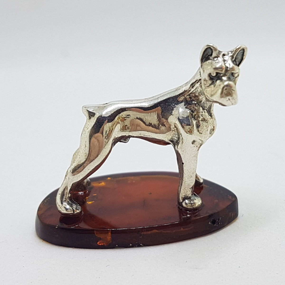 Great Dane / Boxer / Mastiff Dog - Solid Sterling Silver Natural Baltic Amber Small Animal Figurine / Statue / Sculpture