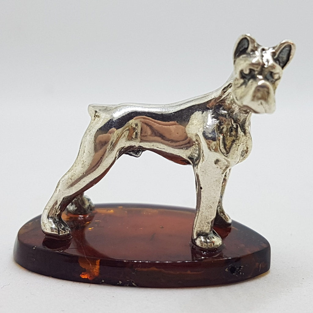 Great Dane / Boxer / Mastiff Dog - Solid Sterling Silver Natural Baltic Amber Small Animal Figurine / Statue / Sculpture