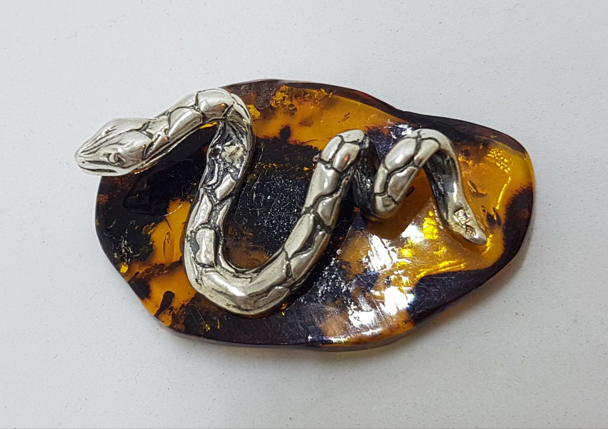 Snake / Reptile  - Solid Sterling Silver Natural Baltic Amber Small Animal Figurine / Statue / Sculpture