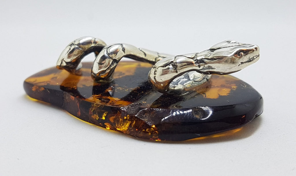 Snake / Reptile  - Solid Sterling Silver Natural Baltic Amber Small Animal Figurine / Statue / Sculpture