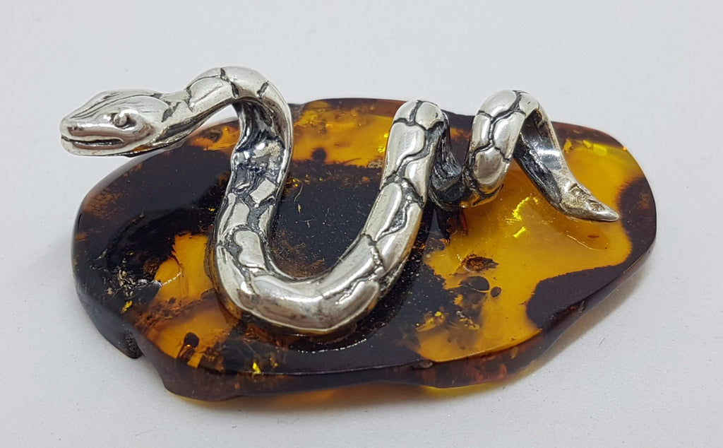 Snake / Reptile  - Solid Sterling Silver Natural Baltic Amber Small Animal Figurine / Statue / Sculpture
