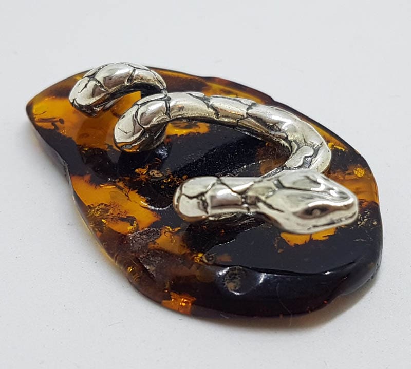 Snake / Reptile  - Solid Sterling Silver Natural Baltic Amber Small Animal Figurine / Statue / Sculpture