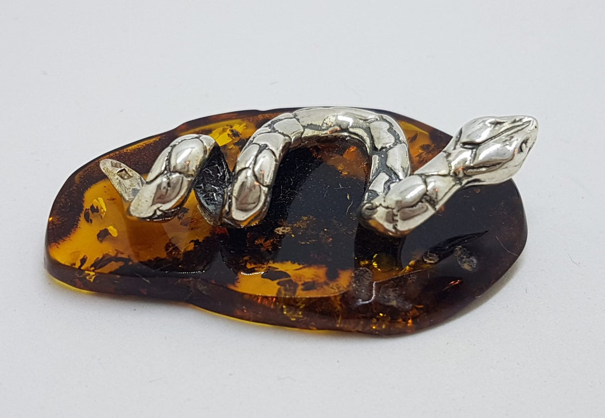 Snake / Reptile  - Solid Sterling Silver Natural Baltic Amber Small Animal Figurine / Statue / Sculpture