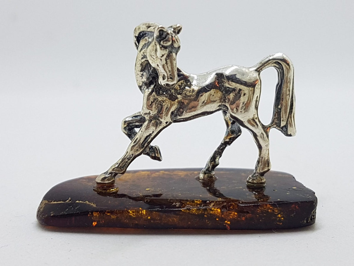 Horse / Equestrian  - Solid Sterling Silver Natural Baltic Amber Small Animal Figurine / Statue / Sculpture