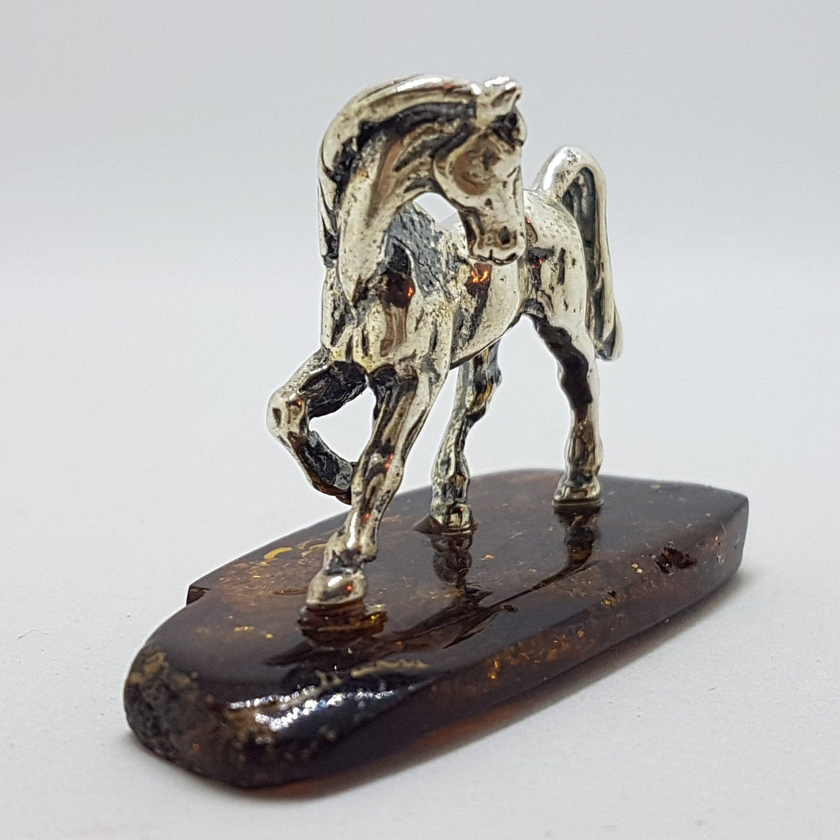 Horse / Equestrian  - Solid Sterling Silver Natural Baltic Amber Small Animal Figurine / Statue / Sculpture