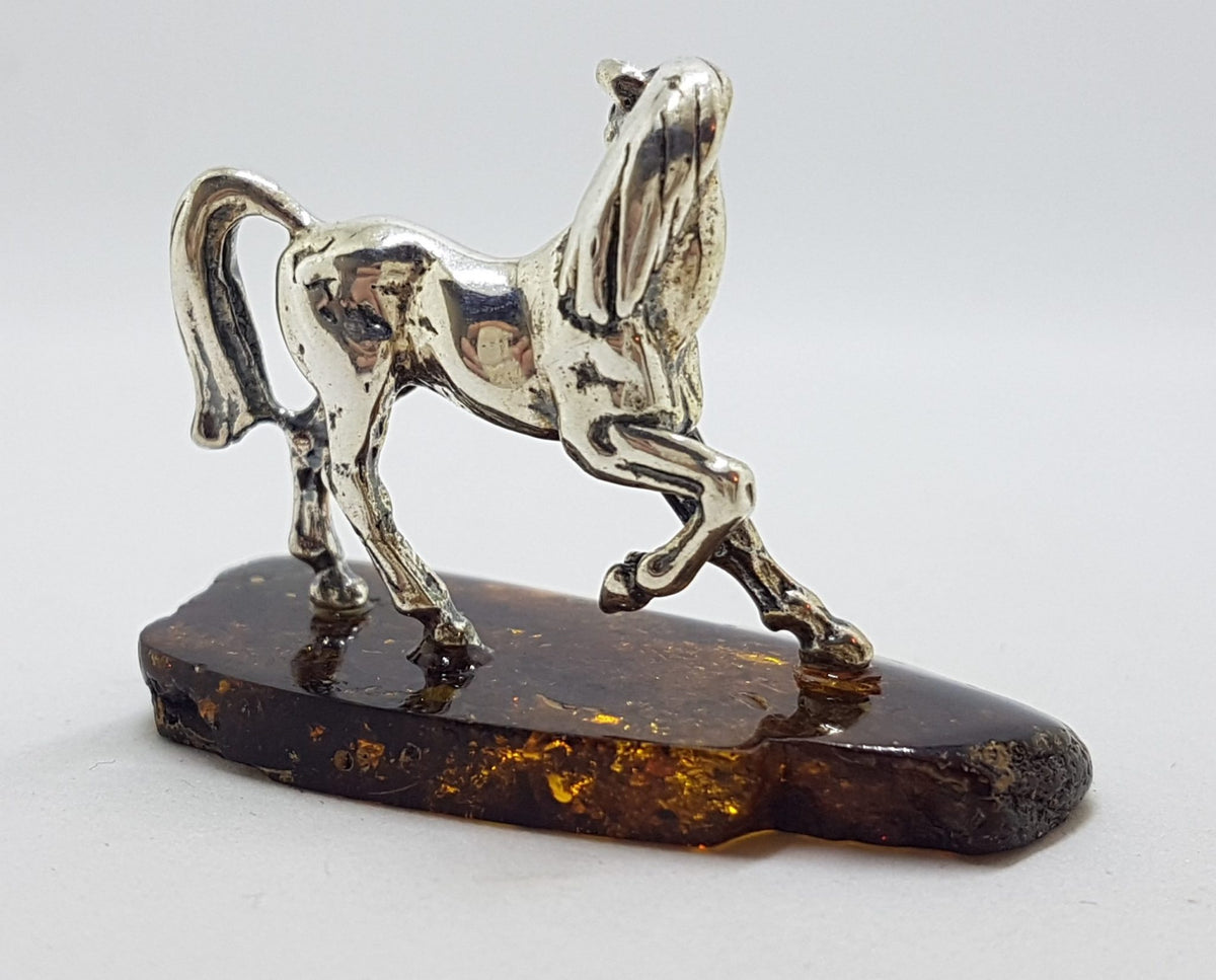 Horse / Equestrian  - Solid Sterling Silver Natural Baltic Amber Small Animal Figurine / Statue / Sculpture
