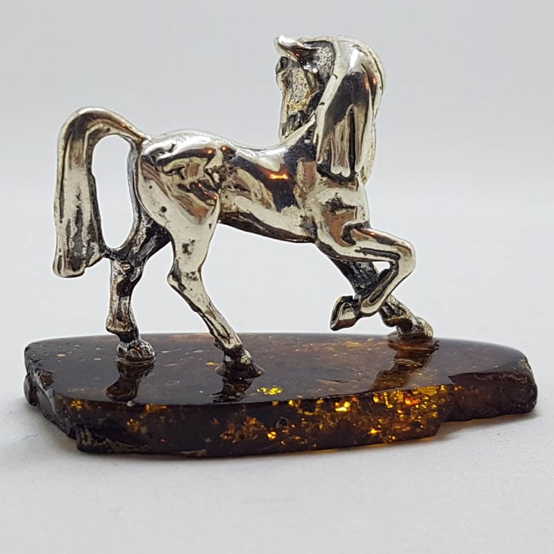 Horse / Equestrian  - Solid Sterling Silver Natural Baltic Amber Small Animal Figurine / Statue / Sculpture