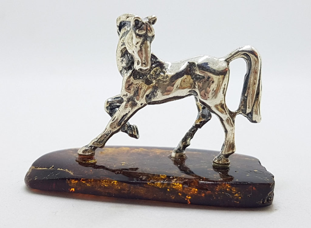 Horse / Equestrian  - Solid Sterling Silver Natural Baltic Amber Small Animal Figurine / Statue / Sculpture