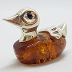 Duck - Solid Sterling Silver Natural Baltic Amber Small Animal Figurine / Statue / Sculpture