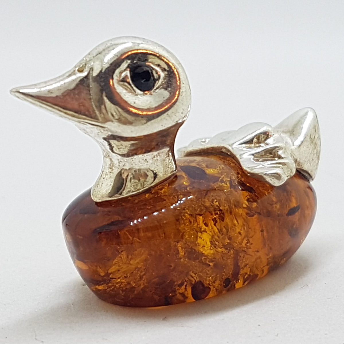 Duck - Solid Sterling Silver Natural Baltic Amber Small Animal Figurine / Statue / Sculpture