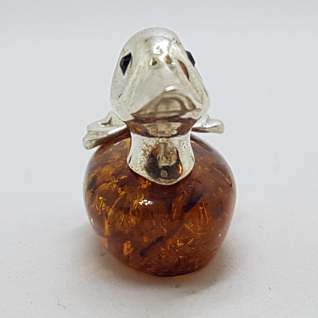 Duck - Solid Sterling Silver Natural Baltic Amber Small Animal Figurine / Statue / Sculpture