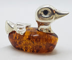 Duck - Solid Sterling Silver Natural Baltic Amber Small Animal Figurine / Statue / Sculpture