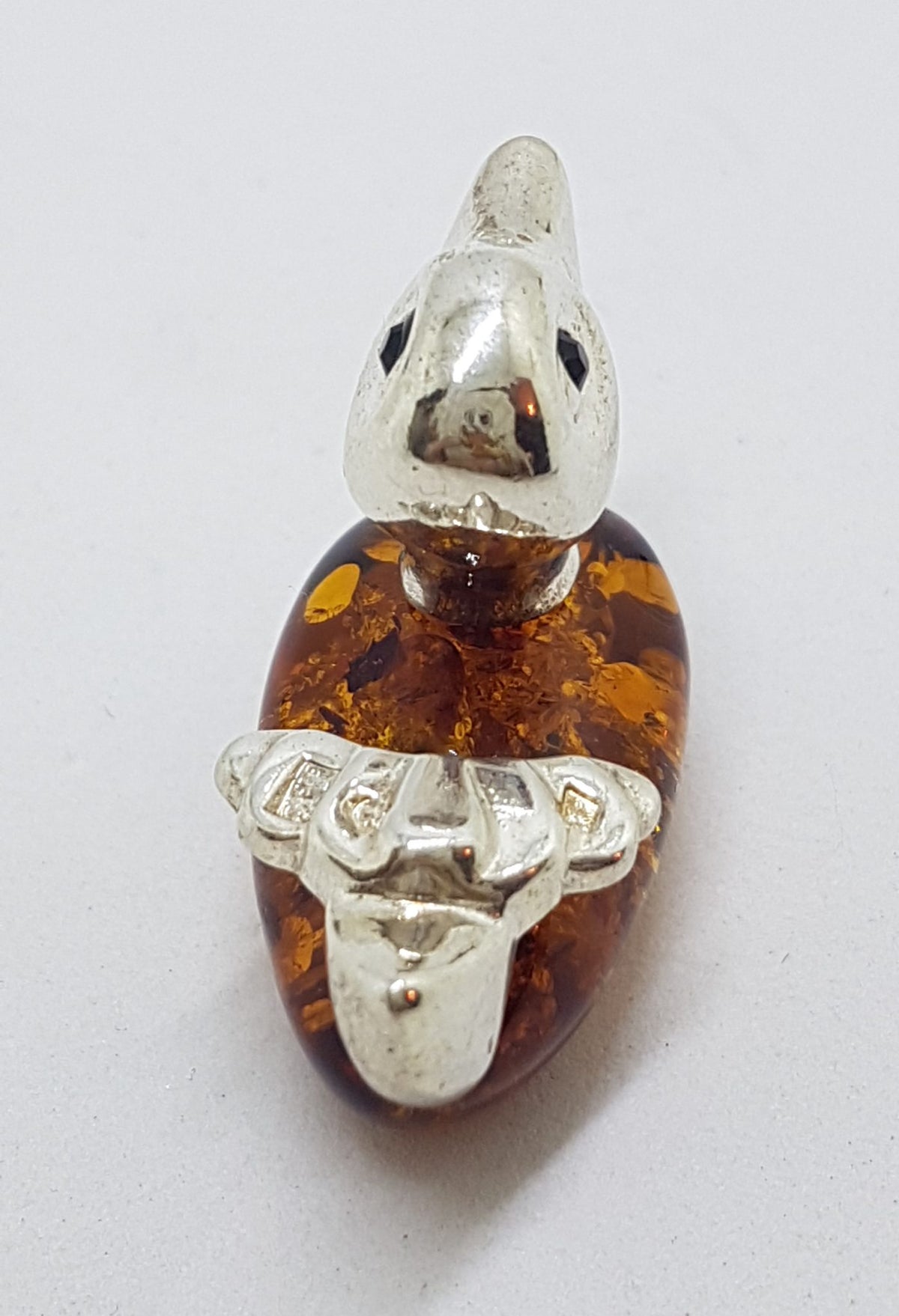 Duck - Solid Sterling Silver Natural Baltic Amber Small Animal Figurine / Statue / Sculpture