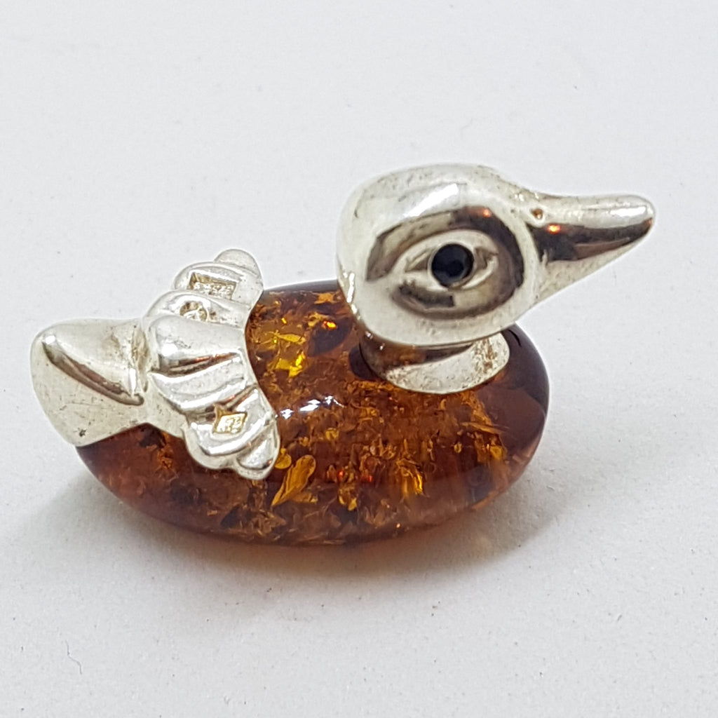Duck - Solid Sterling Silver Natural Baltic Amber Small Animal Figurine / Statue / Sculpture