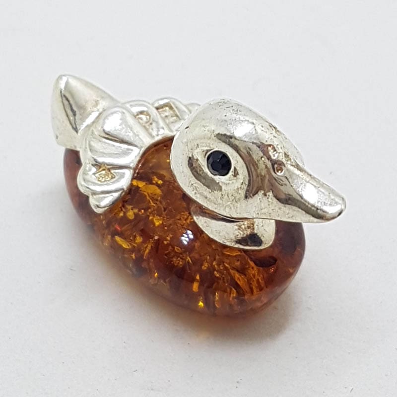 Duck - Solid Sterling Silver Natural Baltic Amber Small Animal Figurine / Statue / Sculpture