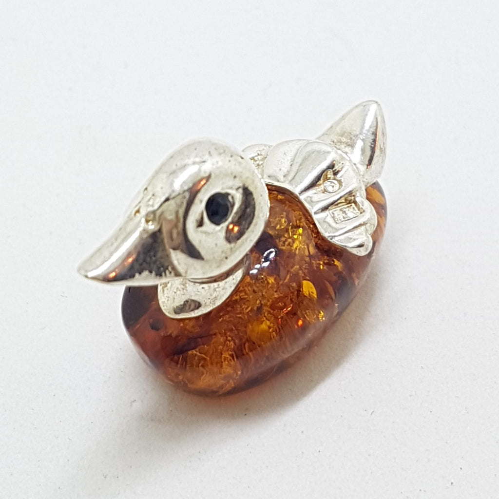 Duck - Solid Sterling Silver Natural Baltic Amber Small Animal Figurine / Statue / Sculpture