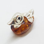 Duck - Solid Sterling Silver Natural Baltic Amber Small Animal Figurine / Statue / Sculpture