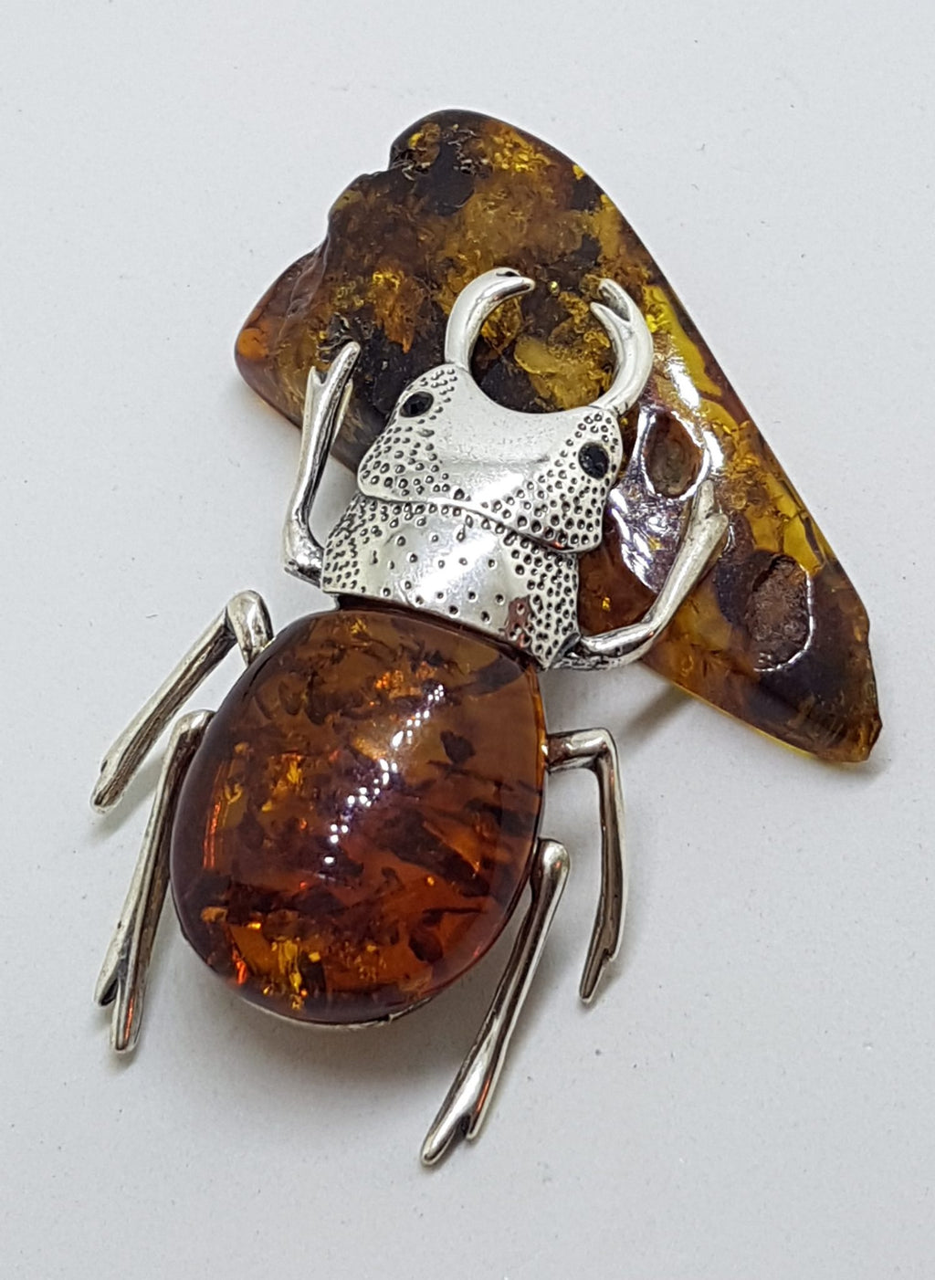 Large Beetle / Stag Beetle - Solid Sterling Silver Natural Baltic Amber Animal Figurine / Statue / Sculpture