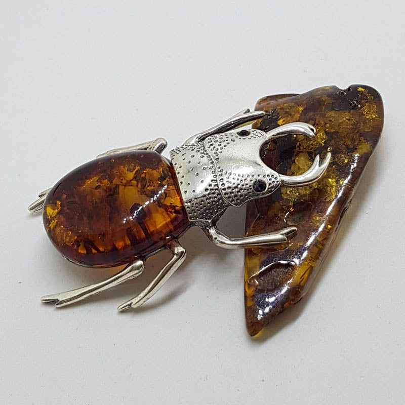 Large Beetle / Stag Beetle - Solid Sterling Silver Natural Baltic Amber Animal Figurine / Statue / Sculpture